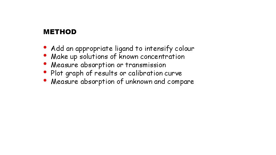 METHOD • • • Add an appropriate ligand to intensify colour Make up solutions METHOD • • • Add an appropriate ligand to intensify colour Make up solutions