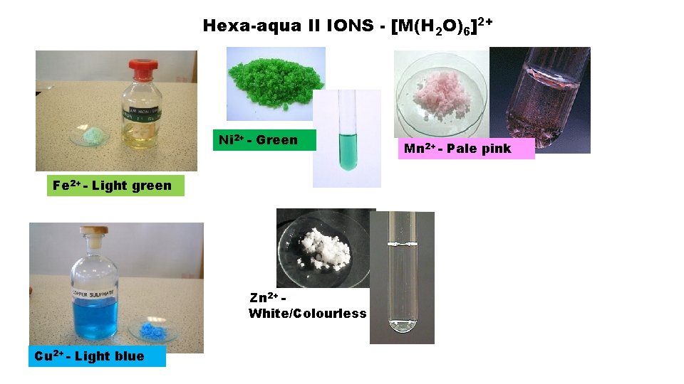 Hexa-aqua II IONS - [M(H 2 O)6]2+ Ni 2+ - Green Fe 2+ -