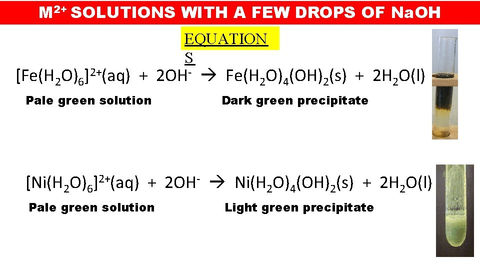 M 2+ SOLUTIONS WITH A FEW DROPS OF Na. OH EQUATION S [Fe(H 2 M 2+ SOLUTIONS WITH A FEW DROPS OF Na. OH EQUATION S [Fe(H 2