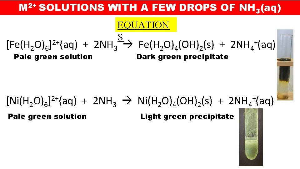 M 2+ SOLUTIONS WITH A FEW DROPS OF NH 3(aq) EQUATION S [Fe(H 2 M 2+ SOLUTIONS WITH A FEW DROPS OF NH 3(aq) EQUATION S [Fe(H 2