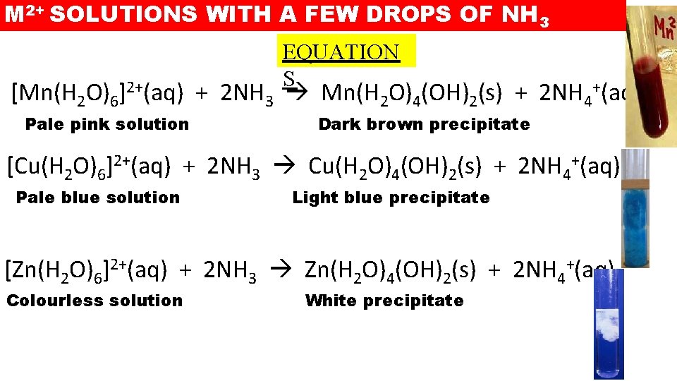 M 2+ SOLUTIONS WITH A FEW DROPS OF NH 3 EQUATION S [Mn(H 2 M 2+ SOLUTIONS WITH A FEW DROPS OF NH 3 EQUATION S [Mn(H 2