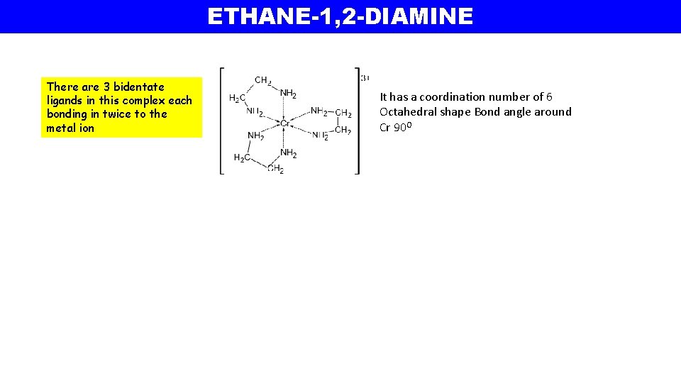ETHANE-1, 2 -DIAMINE There are 3 bidentate ligands in this complex each bonding in ETHANE-1, 2 -DIAMINE There are 3 bidentate ligands in this complex each bonding in