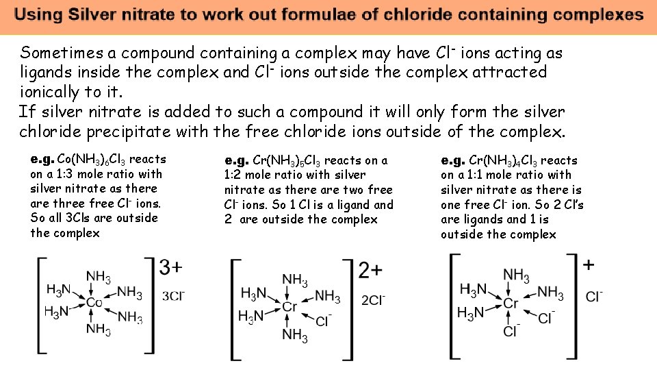 Sometimes a compound containing a complex may have Cl - ions acting as ligands Sometimes a compound containing a complex may have Cl - ions acting as ligands