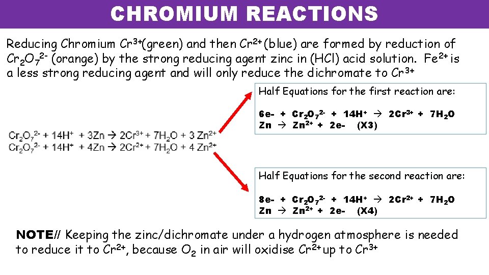 CHROMIUM REACTIONS Reducing Chromium Cr 3+(green) and then Cr 2+ (blue) are formed by CHROMIUM REACTIONS Reducing Chromium Cr 3+(green) and then Cr 2+ (blue) are formed by