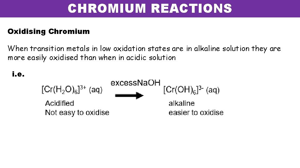 CHROMIUM REACTIONS Oxidising Chromium When transition metals in low oxidation states are in alkaline CHROMIUM REACTIONS Oxidising Chromium When transition metals in low oxidation states are in alkaline