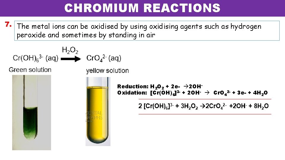 CHROMIUM REACTIONS 7. The metal ions can be oxidised by using oxidising agents such CHROMIUM REACTIONS 7. The metal ions can be oxidised by using oxidising agents such