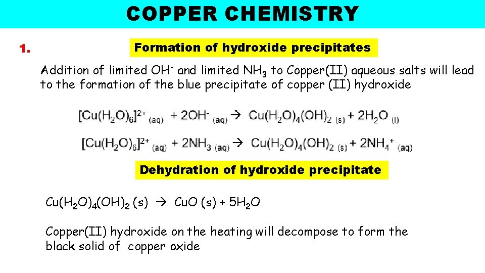 COPPER CHEMISTRY 1. Formation of hydroxide precipitates Addition of limited OH- and limited NH COPPER CHEMISTRY 1. Formation of hydroxide precipitates Addition of limited OH- and limited NH