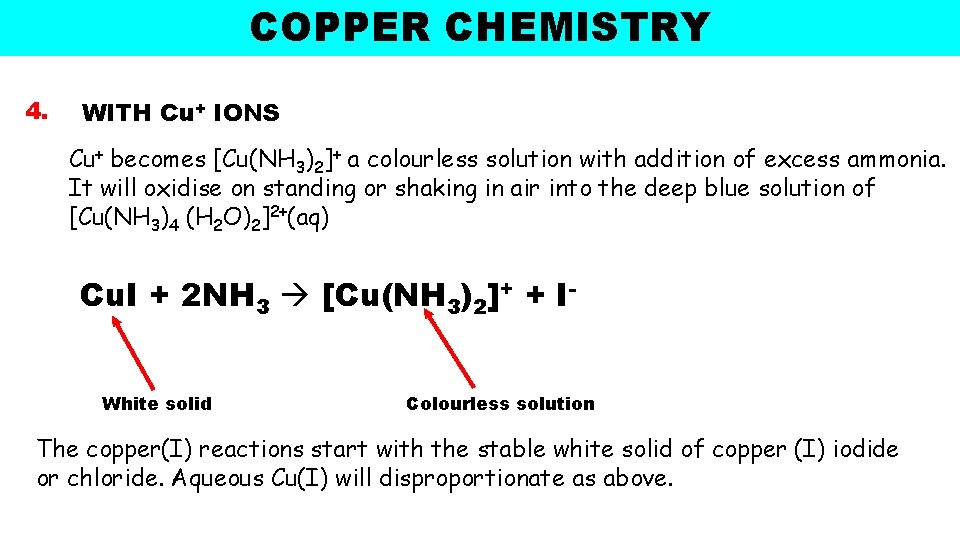 COPPER CHEMISTRY 4. WITH Cu+ IONS Cu+ becomes [Cu(NH 3)2]+ a colourless solution with