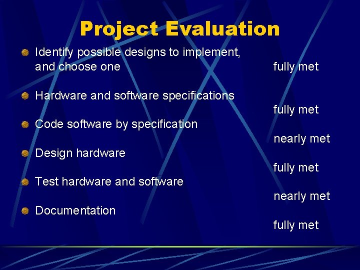Project Evaluation Identify possible designs to implement, and choose one fully met Hardware and