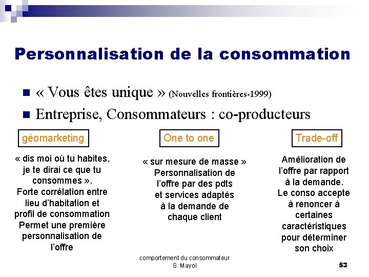 Personnalisation de la consommation n n « Vous êtes unique » (Nouvelles frontières-1999) Entreprise,