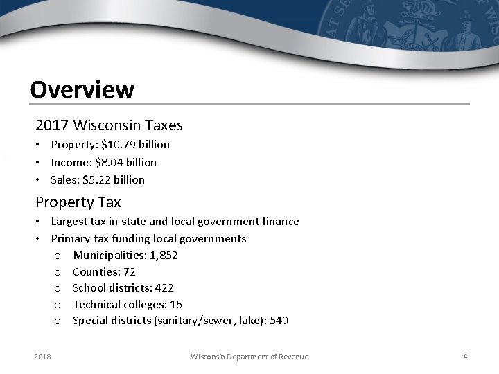 Overview 2017 Wisconsin Taxes • Property: $10. 79 billion • Income: $8. 04 billion