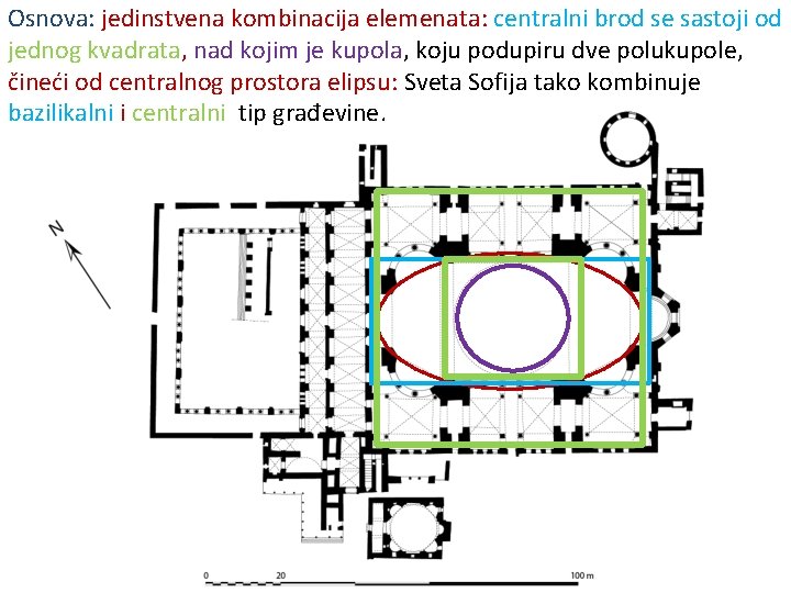 Osnova: jedinstvena kombinacija elemenata: centralni brod se sastoji od jednog kvadrata, nad kojim je