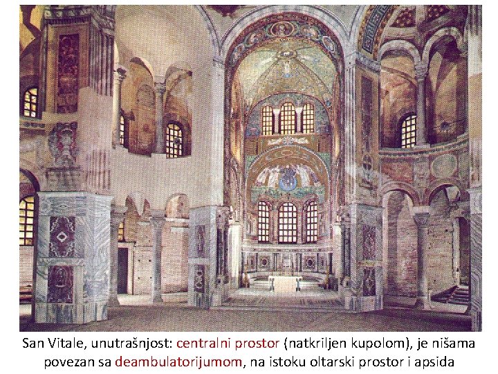 San Vitale, unutrašnjost: centralni prostor (natkriljen kupolom), je nišama povezan sa deambulatorijumom, na istoku
