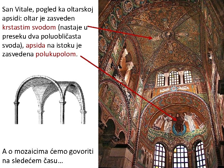 San Vitale, pogled ka oltarskoj apsidi: oltar je zasveden krstastim svodom (nastaje u preseku