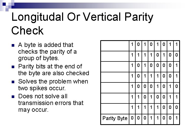 Longitudal Or Vertical Parity Check n n A byte is added that checks the