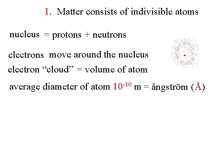 1. Matter consists of indivisible atoms nucleus = protons + neutrons electrons move around