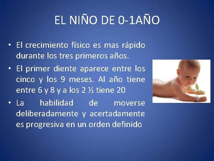 EL NIÑO DE 0 -1 AÑO • El crecimiento físico es mas rápido durante