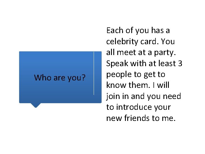 Who are you? Each of you has a celebrity card. You all meet at Who are you? Each of you has a celebrity card. You all meet at