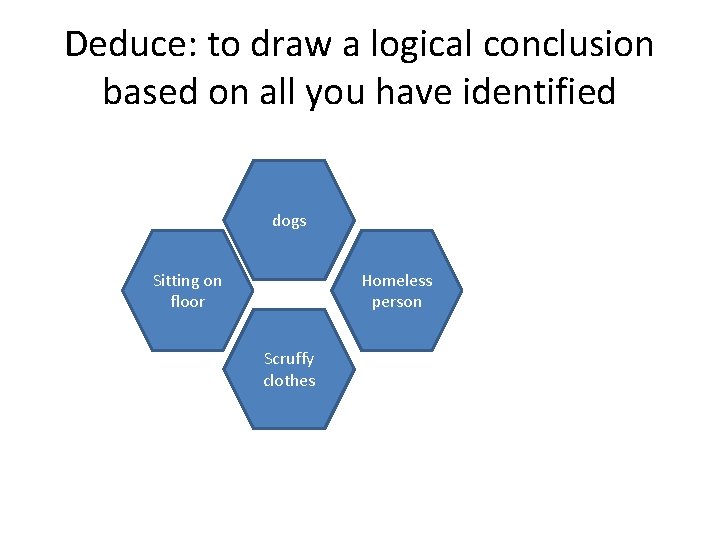Deduce: to draw a logical conclusion based on all you have identified dogs Sitting Deduce: to draw a logical conclusion based on all you have identified dogs Sitting