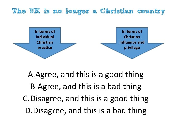 In terms of individual Christian practice In terms of Christian influence and privilege A.