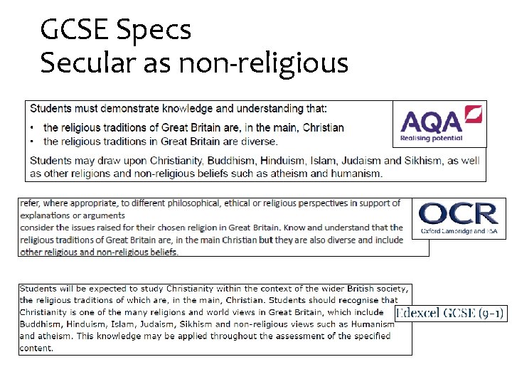 GCSE Specs Secular as non-religious 