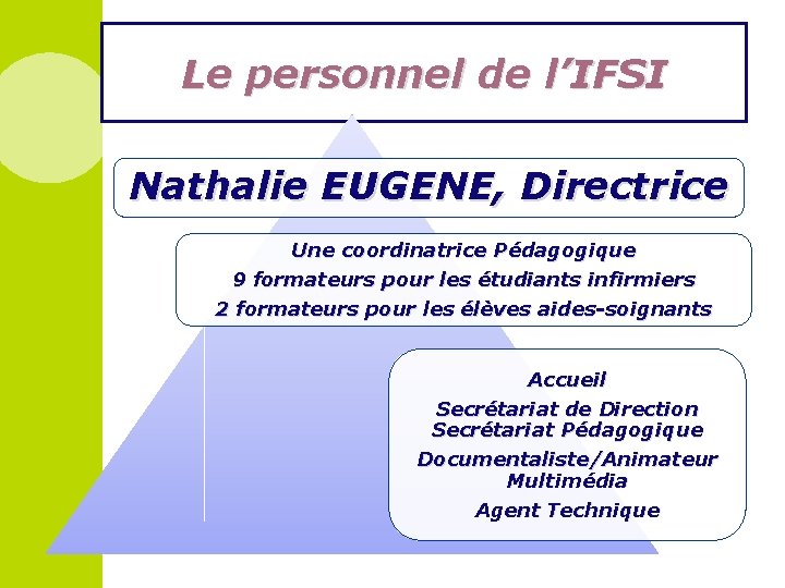 Le personnel de l’IFSI Nathalie EUGENE, Directrice Une coordinatrice Pédagogique 9 formateurs pour les