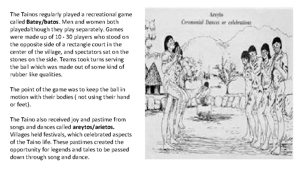 The Tainos regularly played a recreational game called Batey/batos. Men and women both playedalthough