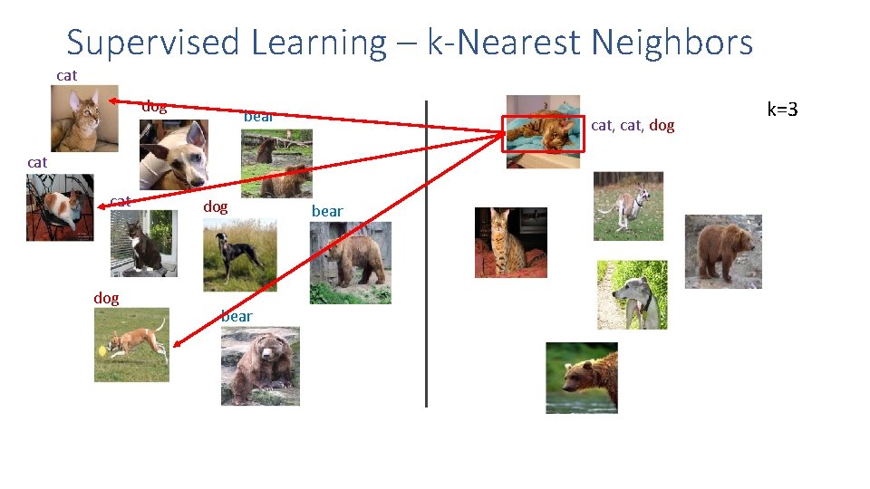 Supervised Learning – k-Nearest Neighbors cat dog bear cat, dog k=3 cat dog bear