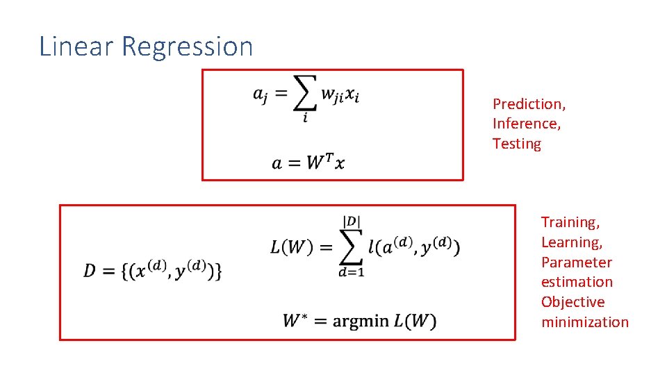 Linear Regression Prediction, Inference, Testing Training, Learning, Parameter estimation Objective minimization 