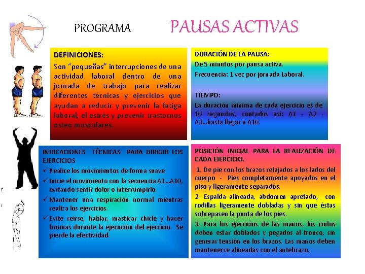 PROGRAMA PAUSAS ACTIVAS DEFINICIONES: Son “pequeñas” interrupciones de una actividad laboral dentro de una