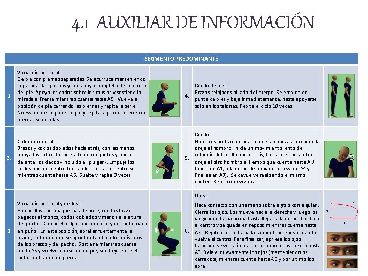 4. 1 AUXILIAR DE INFORMACIÓN SEGMENTO PREDOMINANTE 1. 2. Variación postural De pie con