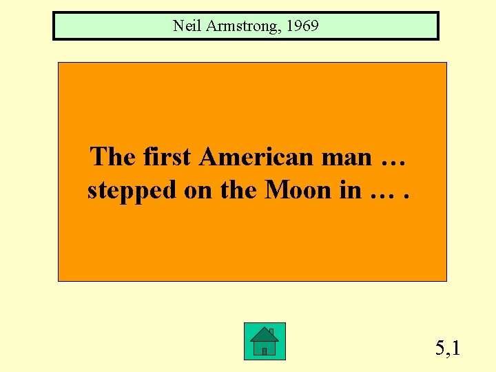 Neil Armstrong, 1969 The first American man … stepped on the Moon in ….