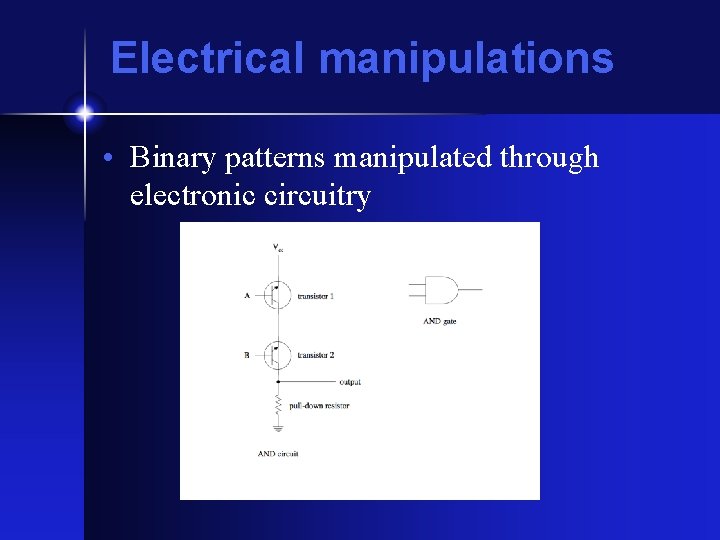 Electrical manipulations • Binary patterns manipulated through electronic circuitry Electrical manipulations • Binary patterns manipulated through electronic circuitry
