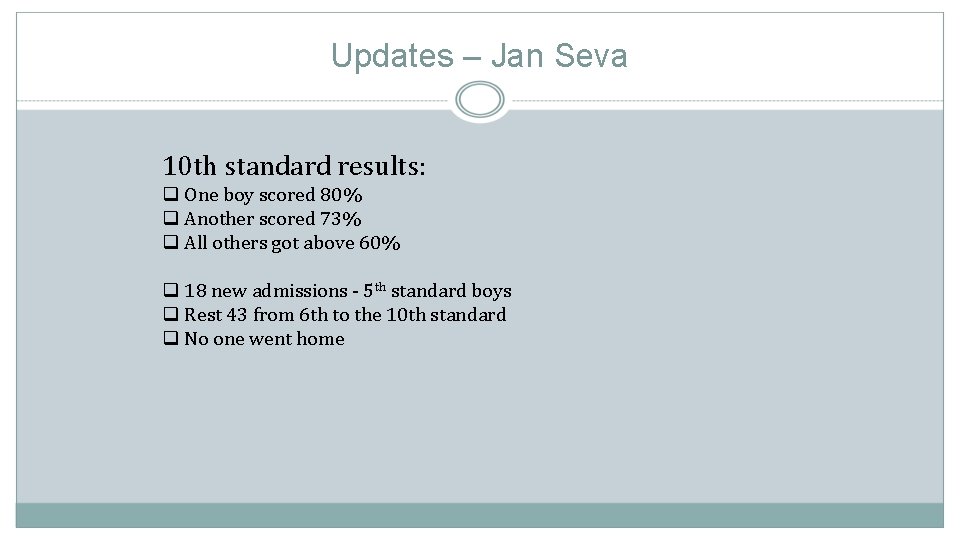 Updates – Jan Seva 10 th standard results: q One boy scored 80% q