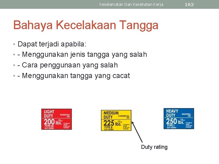 Keselamatan Dan Kesehatan Kerja Bahaya Kecelakaan Tangga • Dapat terjadi apabila: • - Menggunakan