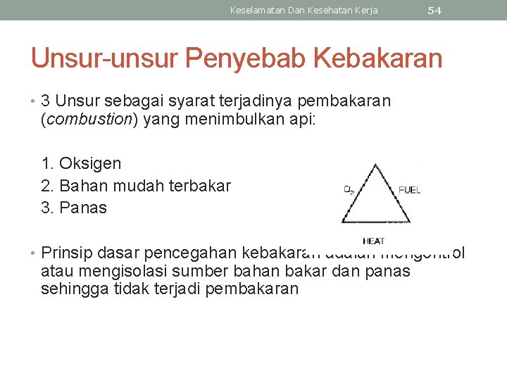 Keselamatan Dan Kesehatan Kerja 54 Unsur-unsur Penyebab Kebakaran • 3 Unsur sebagai syarat terjadinya