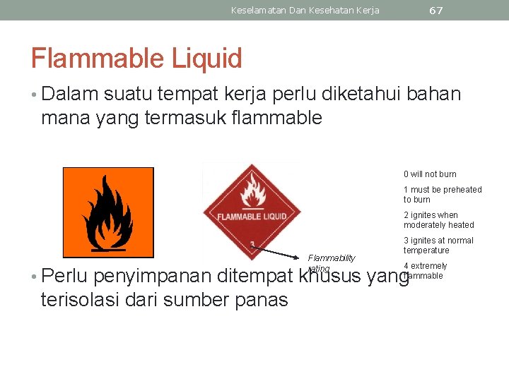 67 Keselamatan Dan Kesehatan Kerja Flammable Liquid • Dalam suatu tempat kerja perlu diketahui