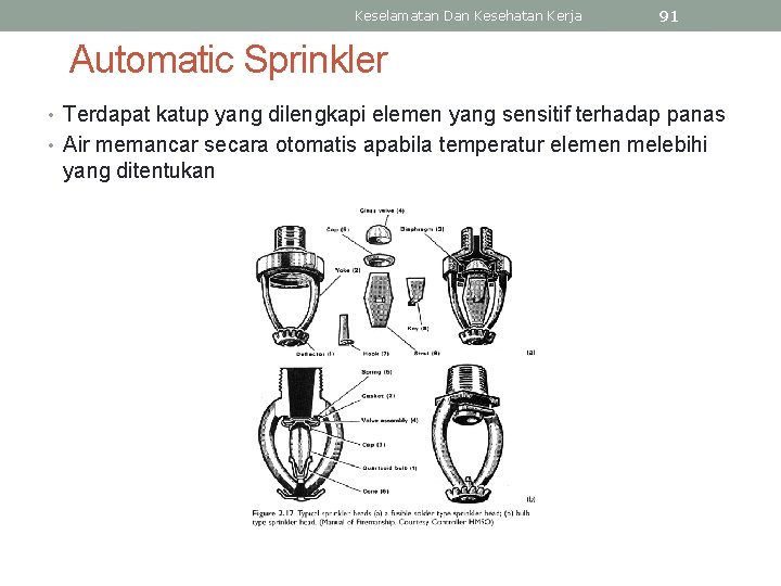 Keselamatan Dan Kesehatan Kerja 91 Automatic Sprinkler • Terdapat katup yang dilengkapi elemen yang