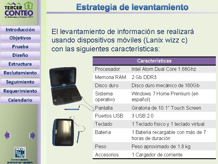 Introducción Objetivos Prueba Diseño Estructura Reclutamiento Seguimiento Requerimiento Calendario El levantamiento de información se