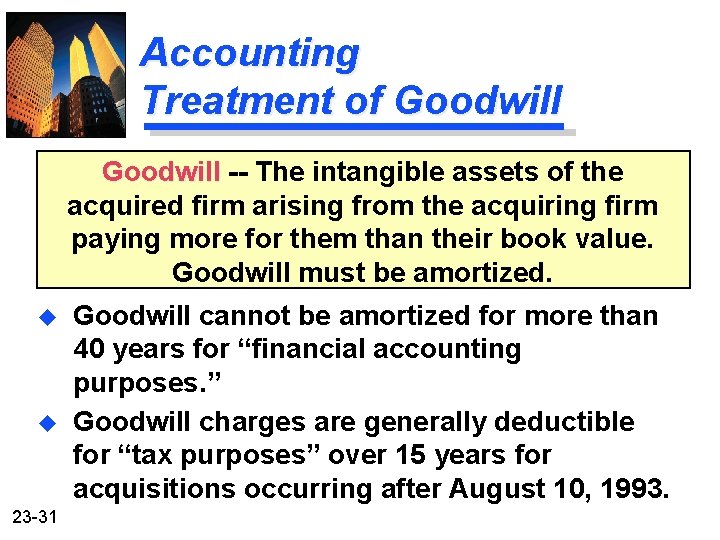 Accounting Treatment of Goodwill -- The intangible assets of the acquired firm arising from