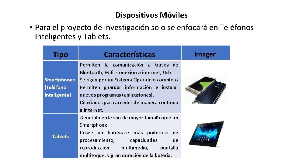 Dispositivos Móviles • Para el proyecto de investigación solo se enfocará en Teléfonos Inteligentes