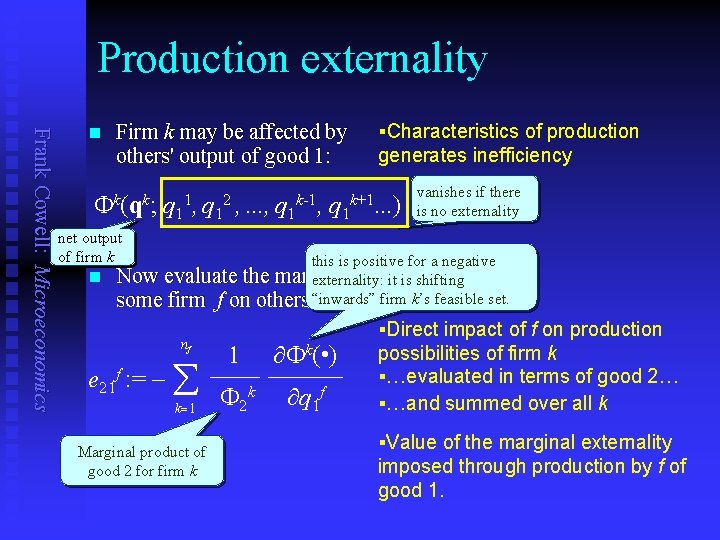 Production externality Frank Cowell: Microeconomics n Firm k may be affected by others' output
