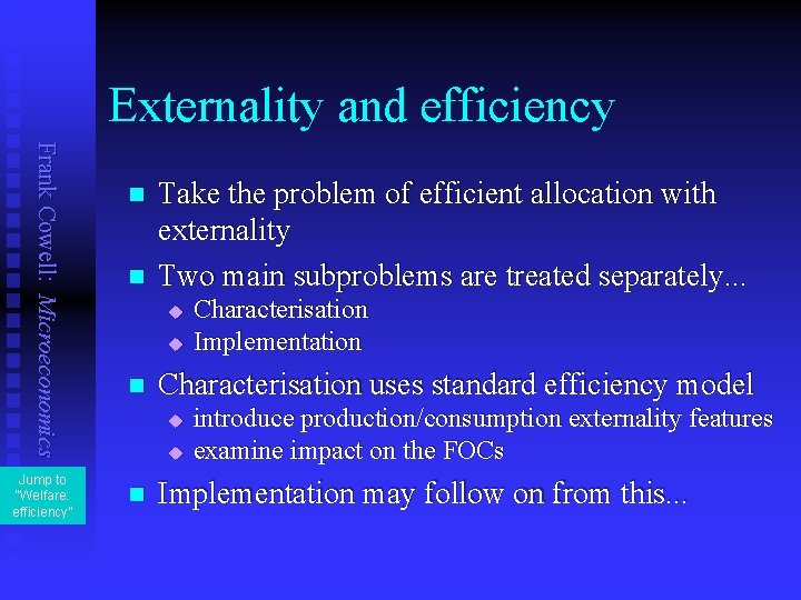 Externality and efficiency Frank Cowell: Microeconomics Jump to “Welfare: efficiency” n n Take the