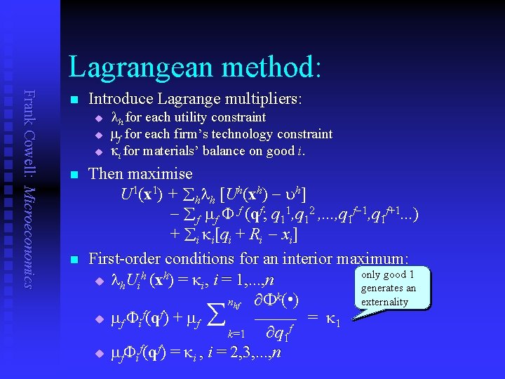 Lagrangean method: Frank Cowell: Microeconomics n Introduce Lagrange multipliers: u u u n n