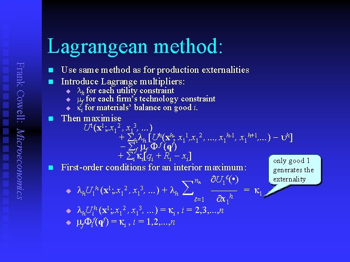 Lagrangean method: Frank Cowell: Microeconomics n n Use same method as for production externalities