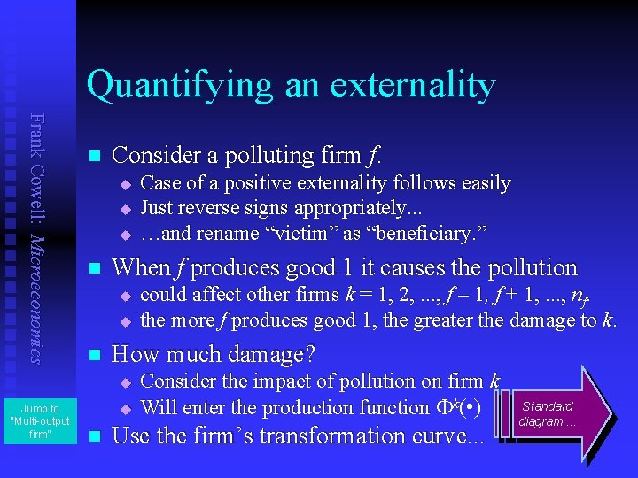 Quantifying an externality Frank Cowell: Microeconomics n Consider a polluting firm f. u u