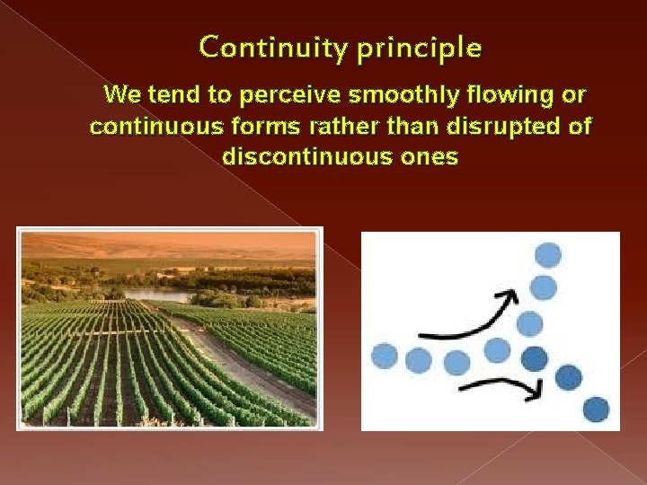 Continuity principle We tend to perceive smoothly flowing or continuous forms rather than disrupted