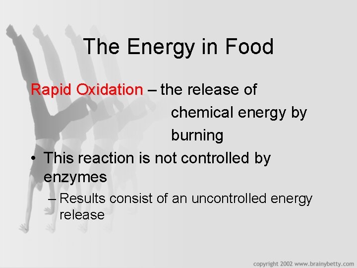 The Energy in Food Rapid Oxidation – the release of chemical energy by burning
