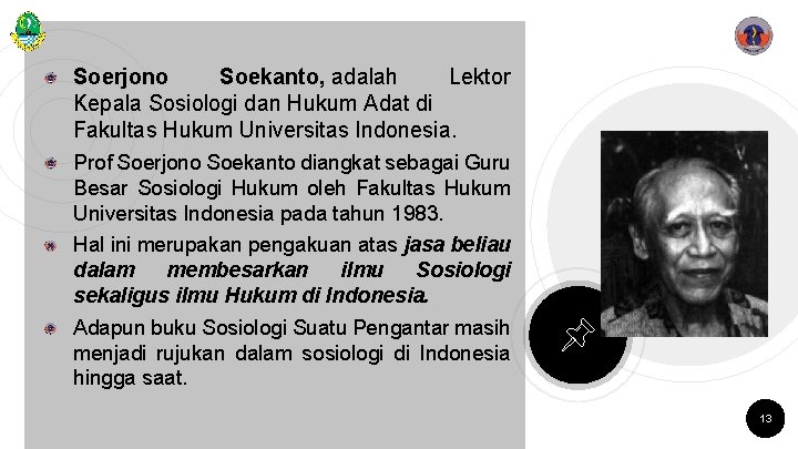 Soerjono Soekanto, adalah Lektor Kepala Sosiologi dan Hukum Adat di Fakultas Hukum Universitas Indonesia.