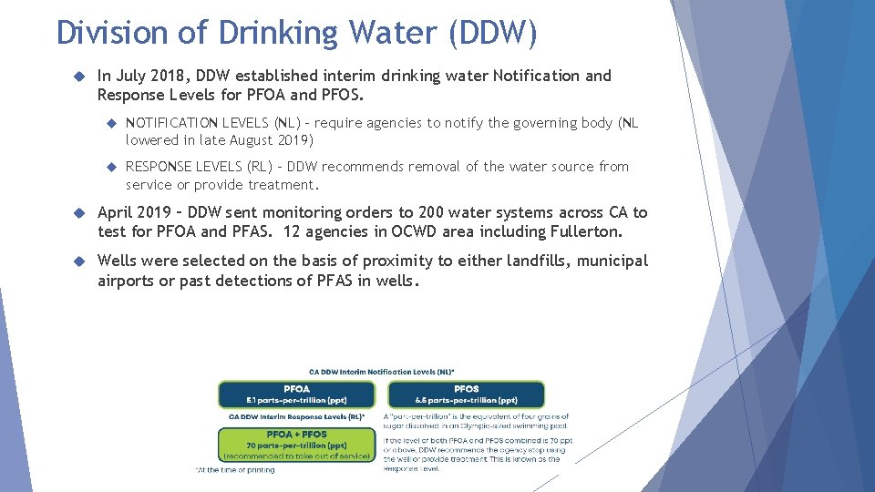 Division of Drinking Water (DDW) In July 2018, DDW established interim drinking water Notification